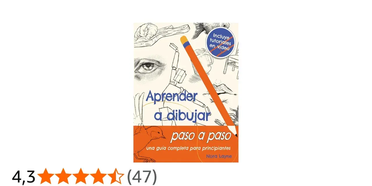 Libro "Aprender a dibujar paso a paso", con bocetos de ojos, manos y un pájaro. Incluye tutoriales en video.