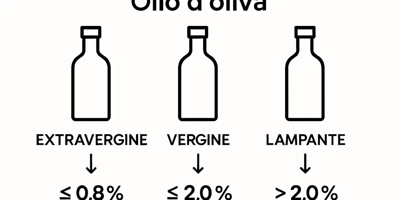 Olio d'oliva: extravergine (≤ 0,8%), vergine (≤ 2,0%), lampante (> 2,0%). L'olio di oliva non extravergine include le categorie vergine e lampante.