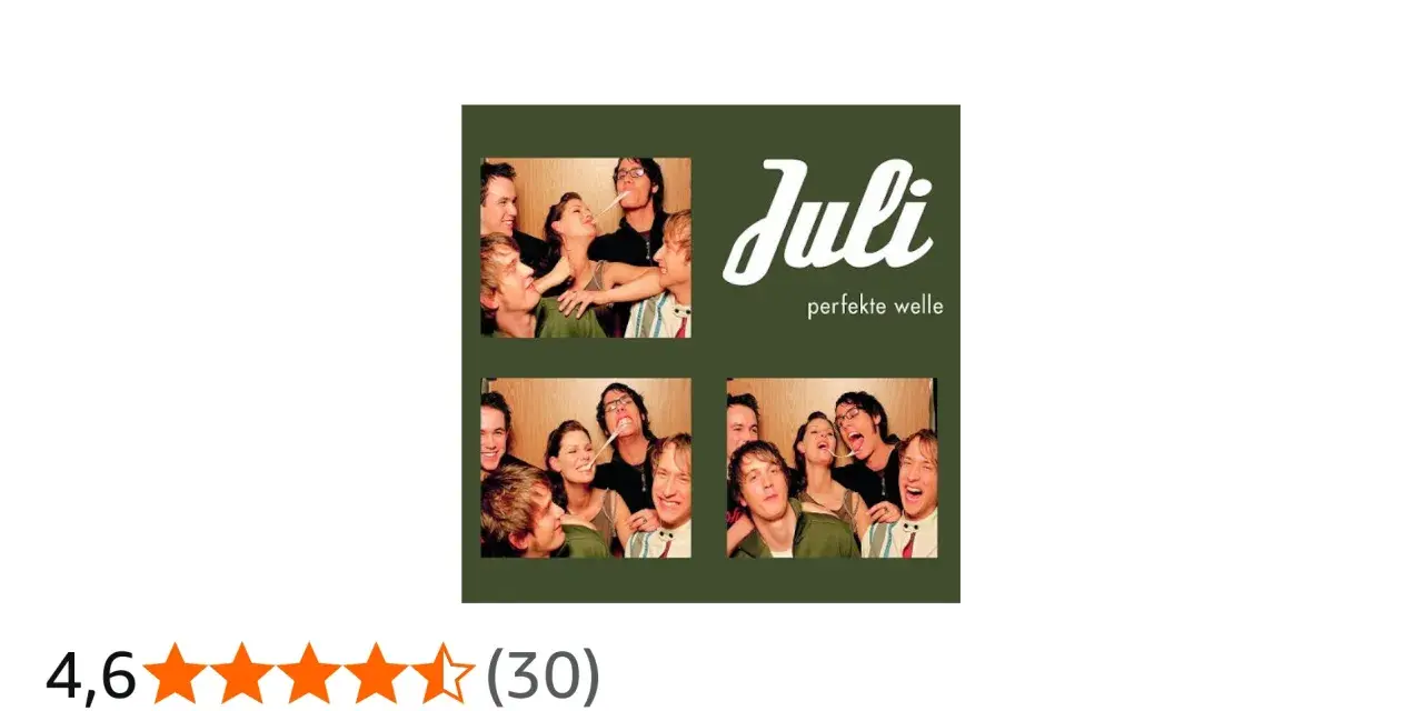 Vier Fotos von jungen Leuten, die Spaß haben, mit dem Bandnamen "Juli" und "perfekte Welle".