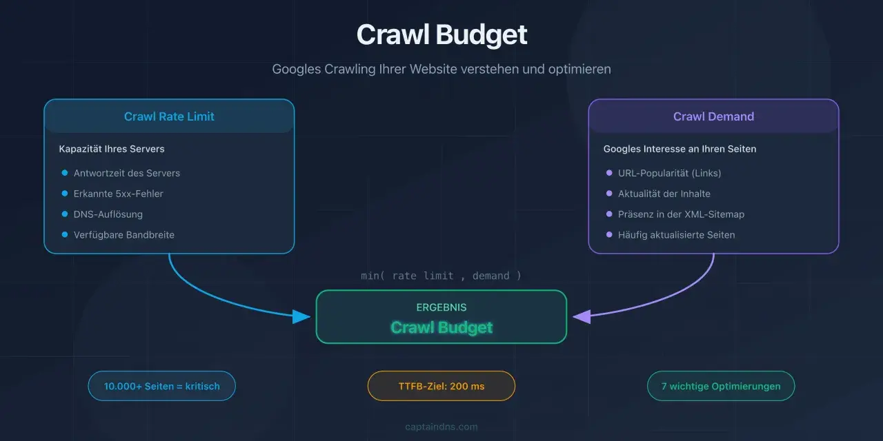 Diagramm zeigt, wie Serverkapazität (Crawl Rate Limit) und Googles Interesse (Crawl Demand) den Crawl Budget beeinflussen.