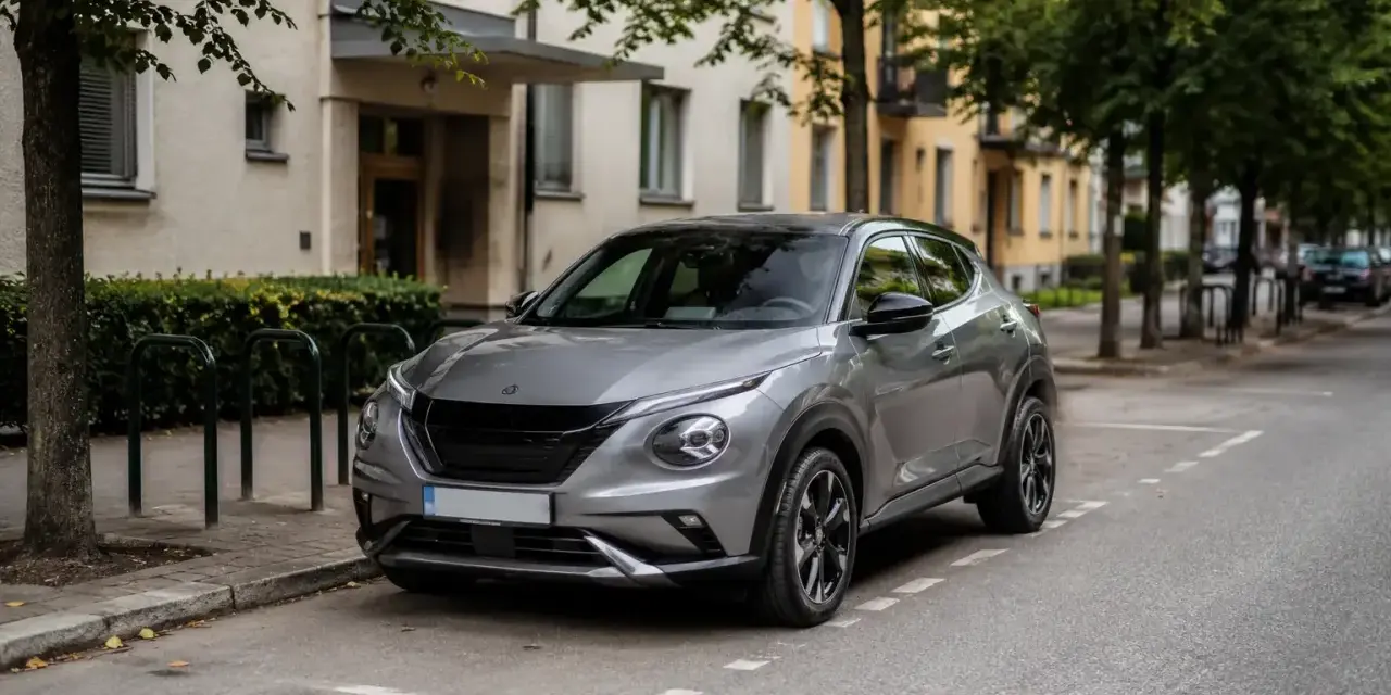 Grå Nissan Juke parkerad längs en gata, med en byggnad och träd i bakgrunden. Kanske ett problem med bilen?