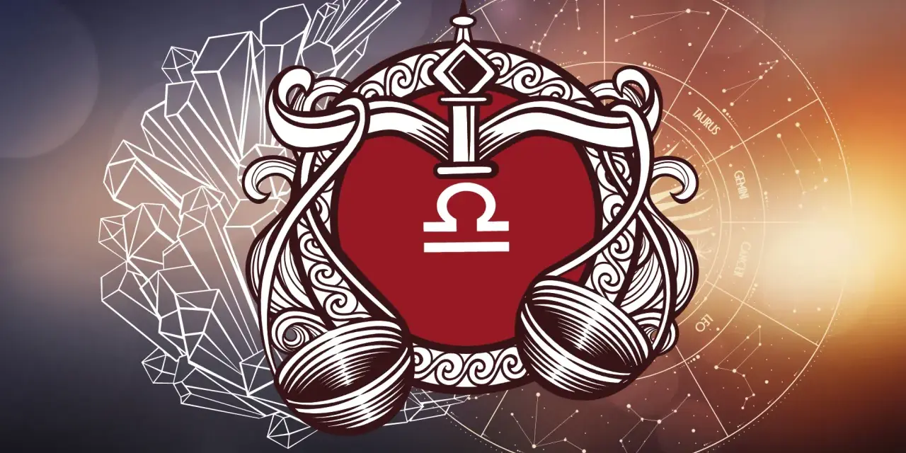 Symbol Wagi, który żywioł powietrza, w ozdobnej ramie, na tle kryształów i zodiaku.