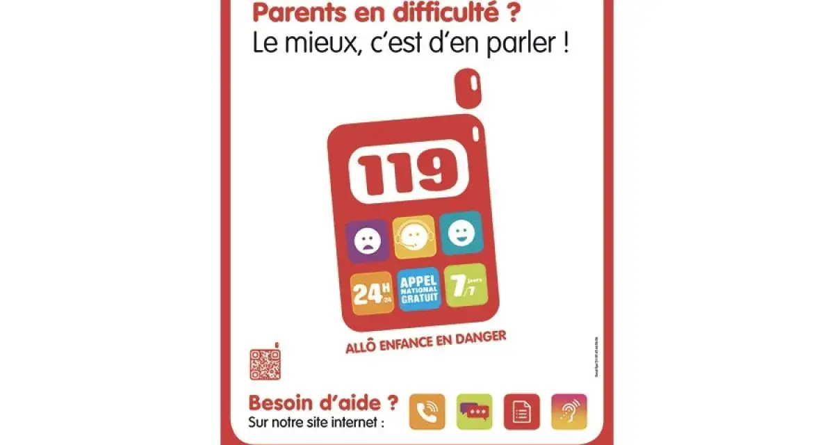 Affiche pour signaler enfant en danger. Le numéro 119 est mis en avant, avec des icônes pour le contact et l'aide.