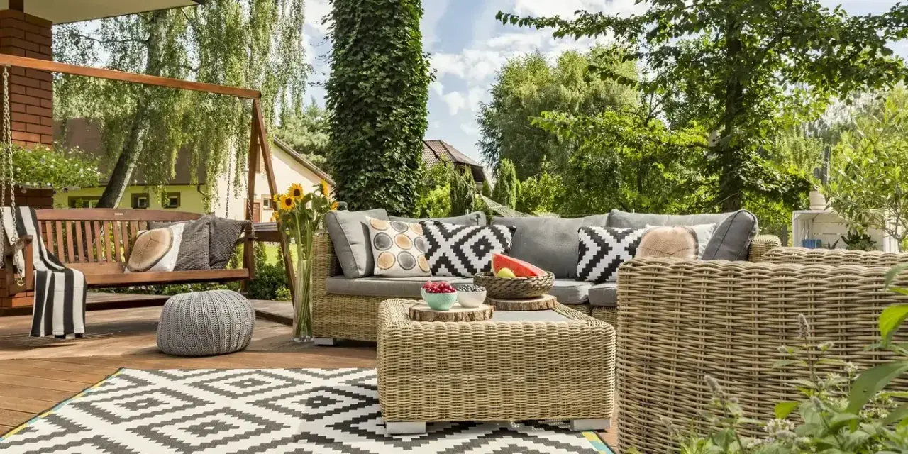 Relaks na tarasie w stylu boho: wiklinowe meble, huśtawka, wzorzysty dywan i mnóstwo zieleni.