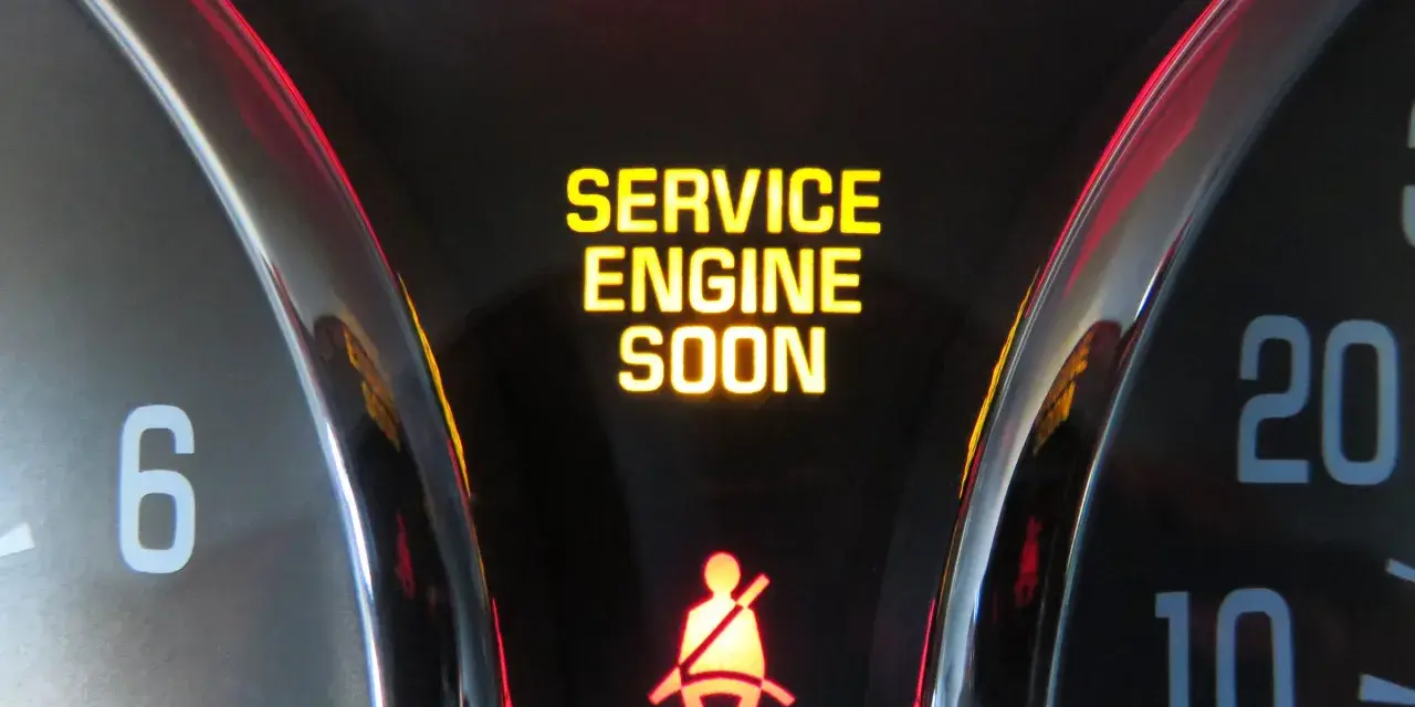 Dashboard lights show "SERVICE ENGINE SOON" and a seatbelt warning. This is a common indicator that it's time to figure out how to reset check engine light.