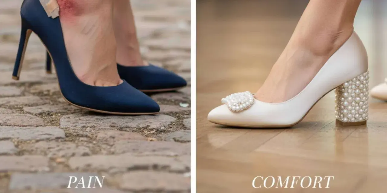 Scarpe da cerimonia donna: un tacco blu con cerotto e vescica, contrapposto a un elegante modello bianco con perle, che promette comfort.