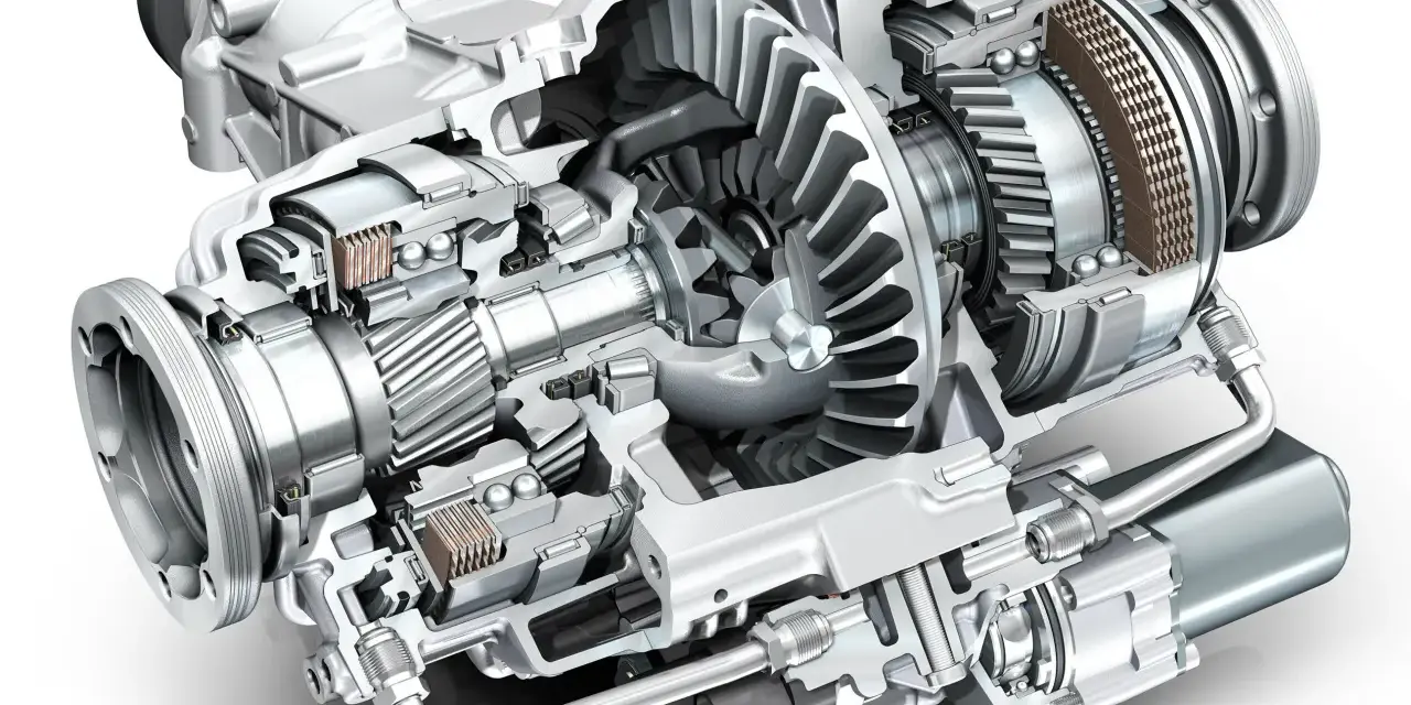 Przekładnia różnicowa z napędem elektrycznym, pokazująca wewnętrzne koła zębate, łożyska i sprzęgło. To jest szpera, co to za mechanizm!