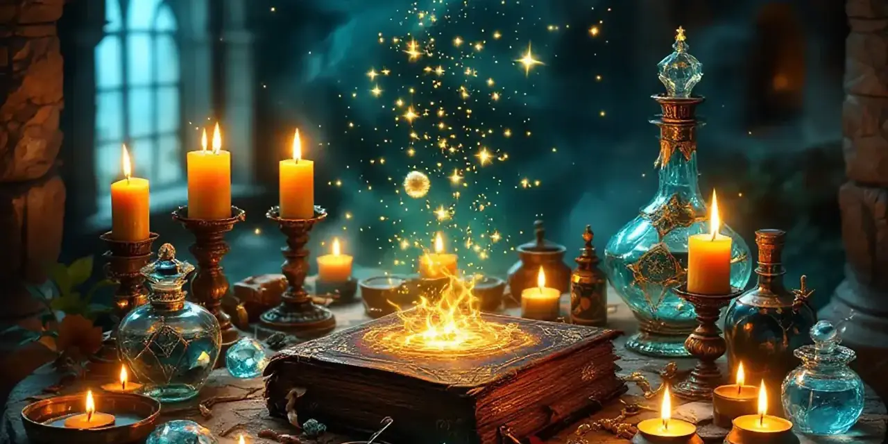 Stary księgozbiór, świece i magiczne mikstury tworzą atmosferę tajemnicy, jakby szukano tu odpowiedzi, jak odczynić urok.