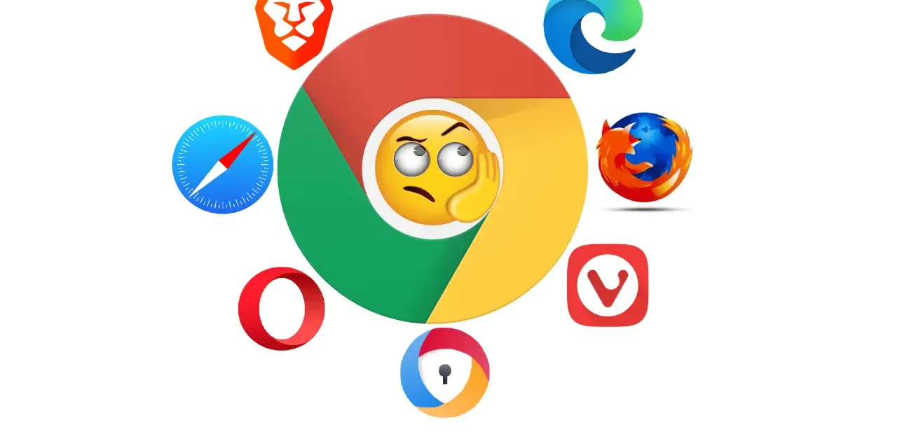 Emotka zastanawia się nad wyborem przeglądarki. Wokół niej loga popularnych przeglądarek internetowych w Polsce: Chrome, Edge, Firefox, Opera, Safari, Brave, Vivaldi.