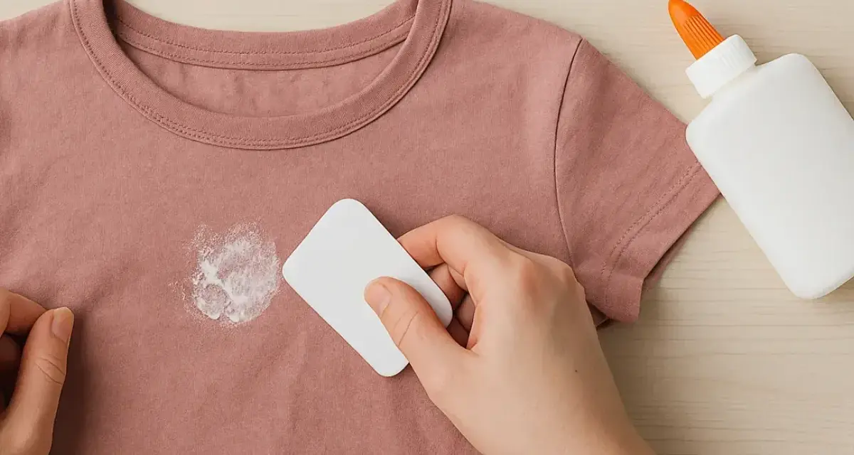 Mano raspando un parche de pegamento seco de una camiseta rosa. Un consejo para como quitar parches de la ropa.