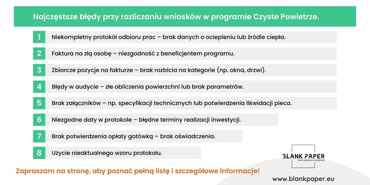 Najczęstsze błędy przy rozliczaniu wniosków w programie Czyste Powietrze. Protokół odbioru robót wykonawcy czyste powietrze wzór wypełnienia – lista błędów.