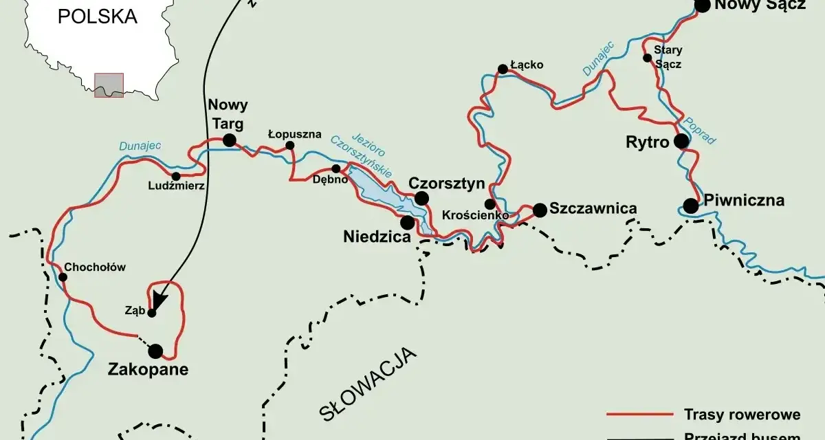 Mapa tras rowerowych wzdłuż Dunajca, od Zakopanego po Nowy Sącz, z zaznaczonymi miejscowościami i jeziorami.