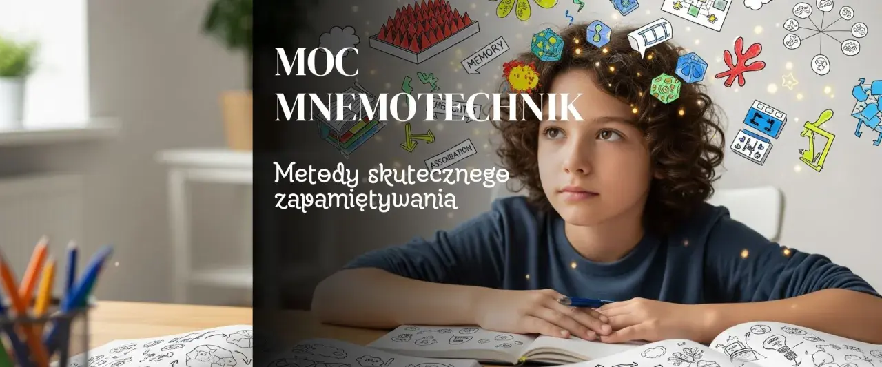 Chłopiec z burzą mózgów pełną symboli, odkrywa moc mnemotechnik. Skuteczne zapamiętywanie staje się łatwiejsze.