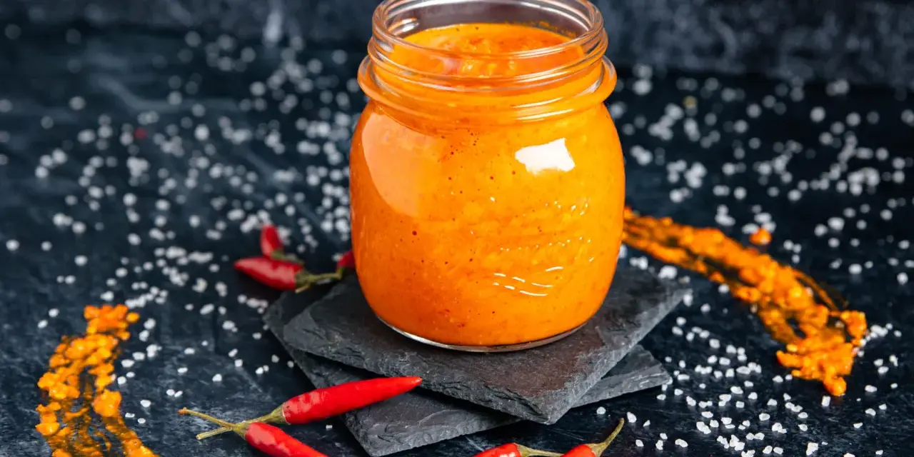 Glas mit leuchtend orangefarbener Sambal Oelek Paste, umgeben von frischen Chilis und grobem Salz. Ein einfaches Sambal Oelek Rezept zum Nachmachen.