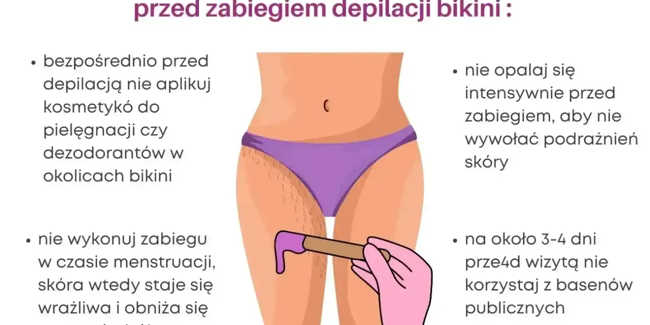 Ilustracja pokazuje przygotowanie do depilacji bikini. Unikaj kosmetyków, opalania i basenu przed zabiegiem.