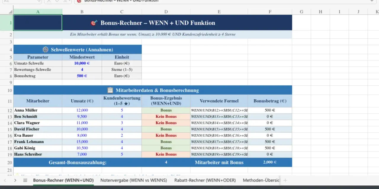 Excel-Tabelle zeigt Bonusberechnung mit WENN+UND-Funktion. Mitarbeiter erhalten Bonus nur bei Erreichen von Umsatz und Kundenzufriedenheit.