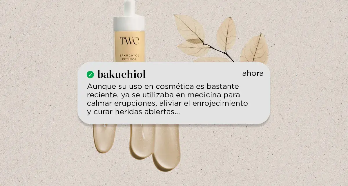 Gotero con sérum de bakuchiol. El texto indica que el bakuchiol con que no mezclar es importante para su uso en cosmética.