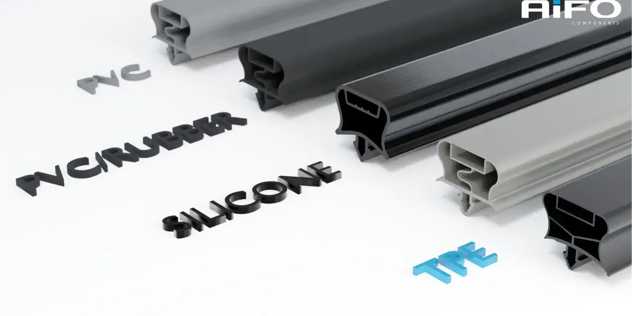 Próbki profili z różnych materiałów: PVC, PVC/RUBBER, SILICONE i TPE.