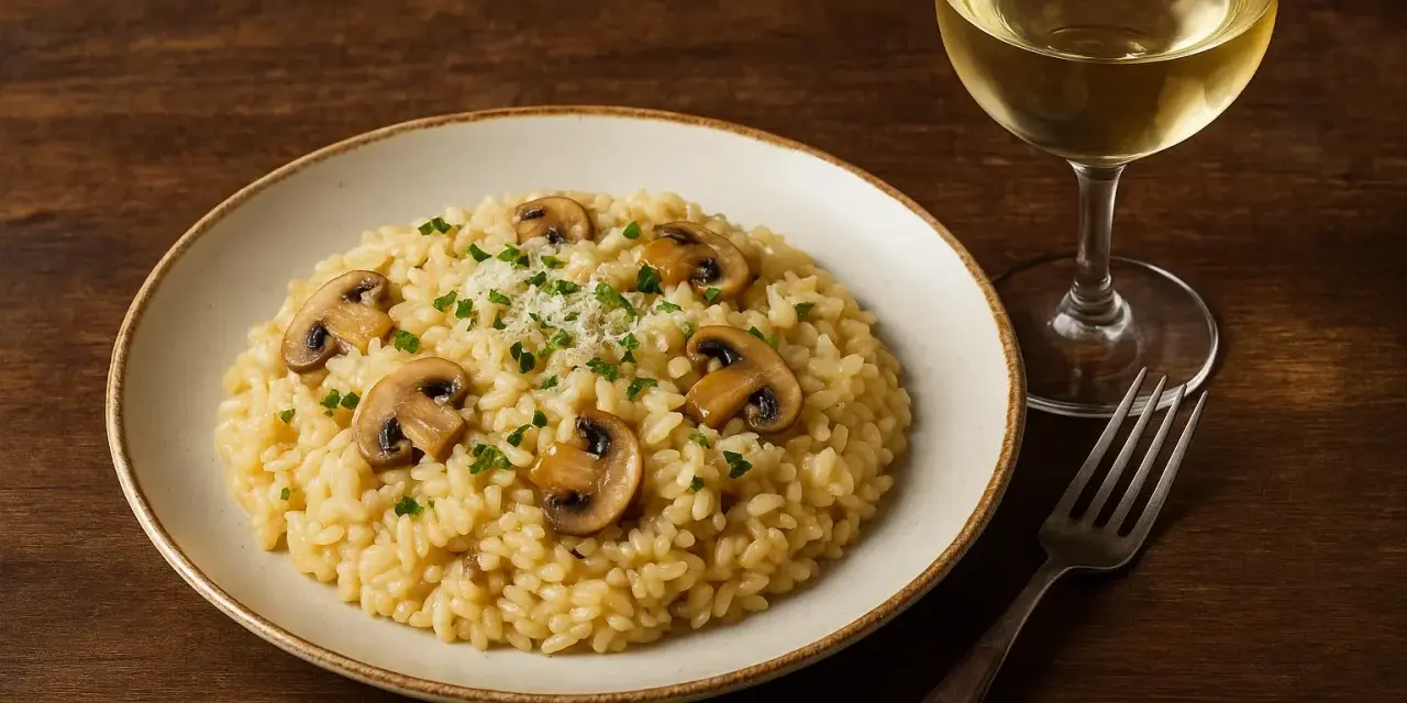 Risotto z grzybami i kieliszek białego wina. Idealne, gdy zastanawiasz się, co zamiast białego wina do risotto.