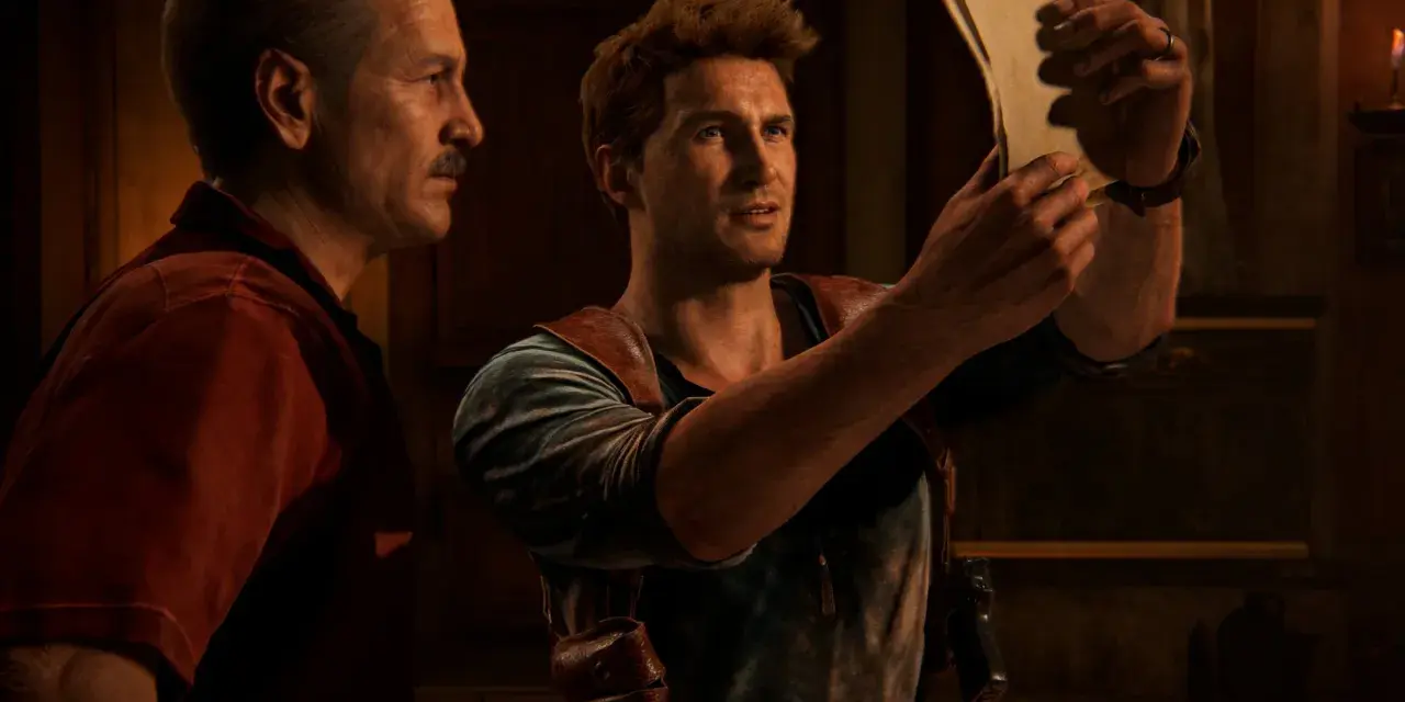 Nathan Drake i jego ojciec badają starą mapę, szukając wskazówek do skarbu. To kluczowy moment w Uncharted 5.