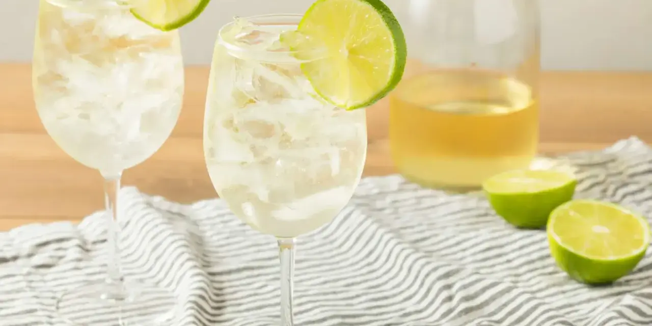 Orzeźwiający szprycer co to? Dwa kieliszki białego wina z lodem i plasterkiem limonki, obok butelka wina i połówki limonki.
