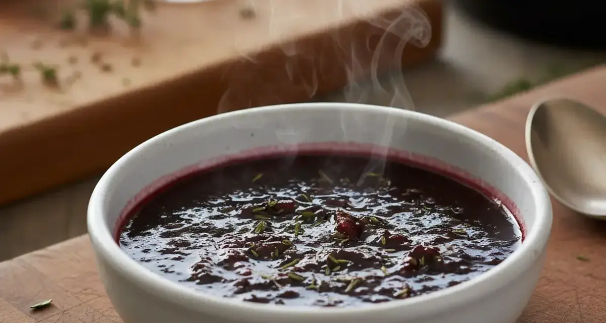 Un bol fumant de sauce marchand de vin, garnie d'herbes, prête à accompagner un plat savoureux.