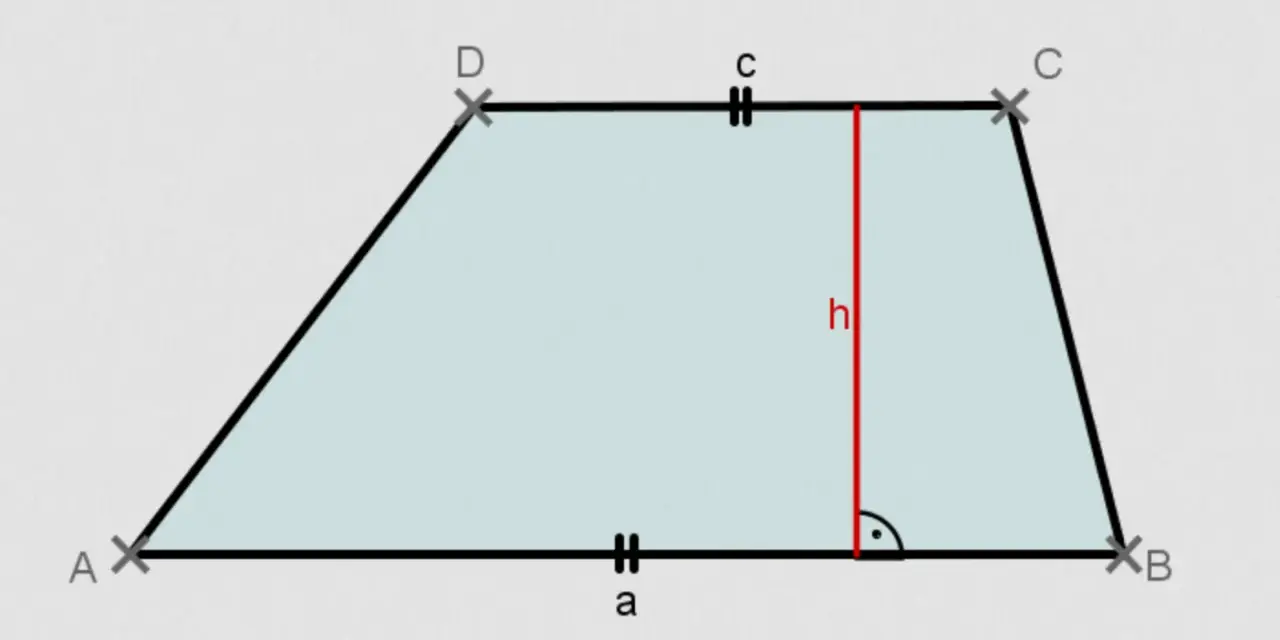 Trapez mit den Eckpunkten A, B, C, D. Die parallelen Seiten sind mit "a" und "c" beschriftet. Die Höhe "h" ist eingezeichnet. Formel für den Flächeninhalt Trapez.