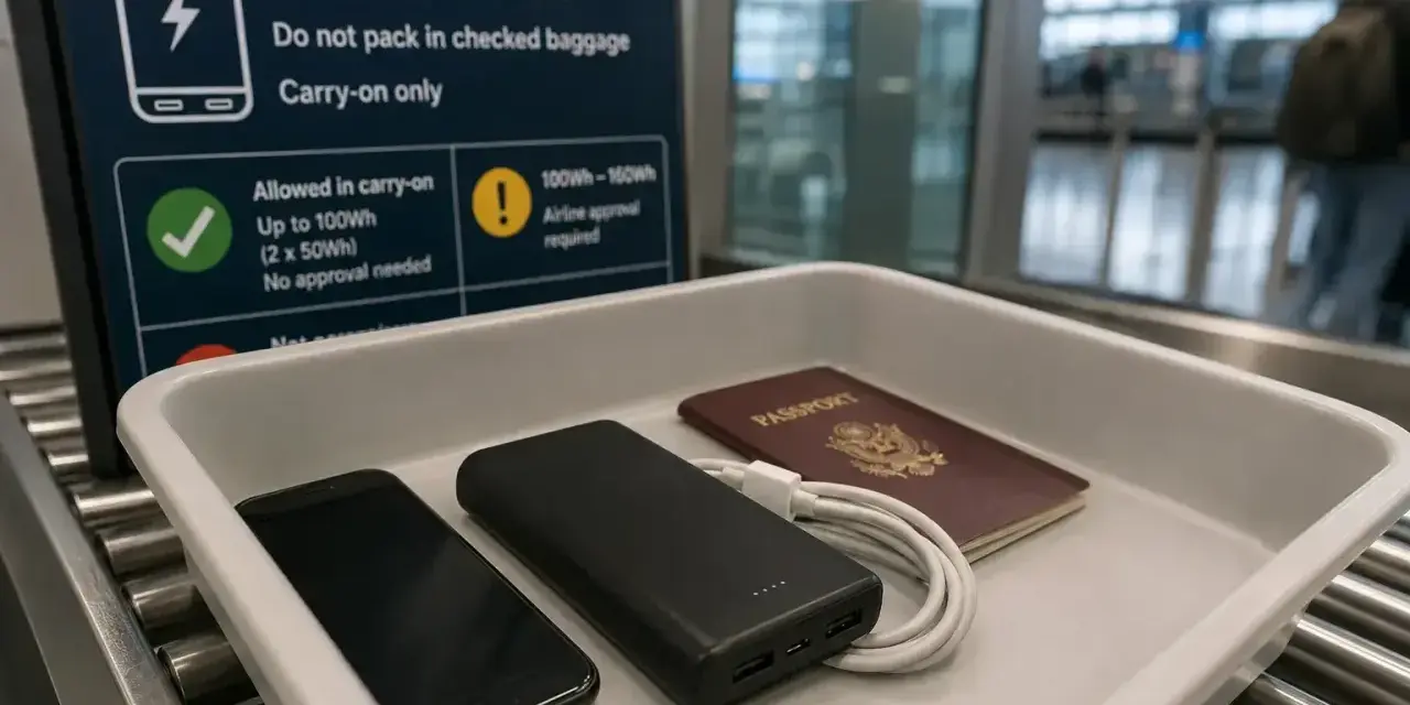 Na tacy do kontroli bezpieczeństwa leżą telefon, powerbank i paszport. Tablica informuje o limicie powerbanków Ryanair.