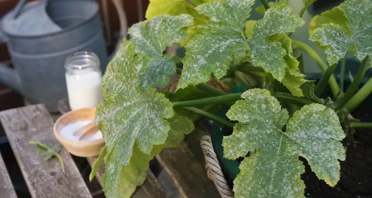 Zucchini-Blätter mit Mehltaubefall. Eine Gießkanne und eine Schale mit weißem Pulver deuten auf eine Behandlung mit Essig gegen Mehltau hin.