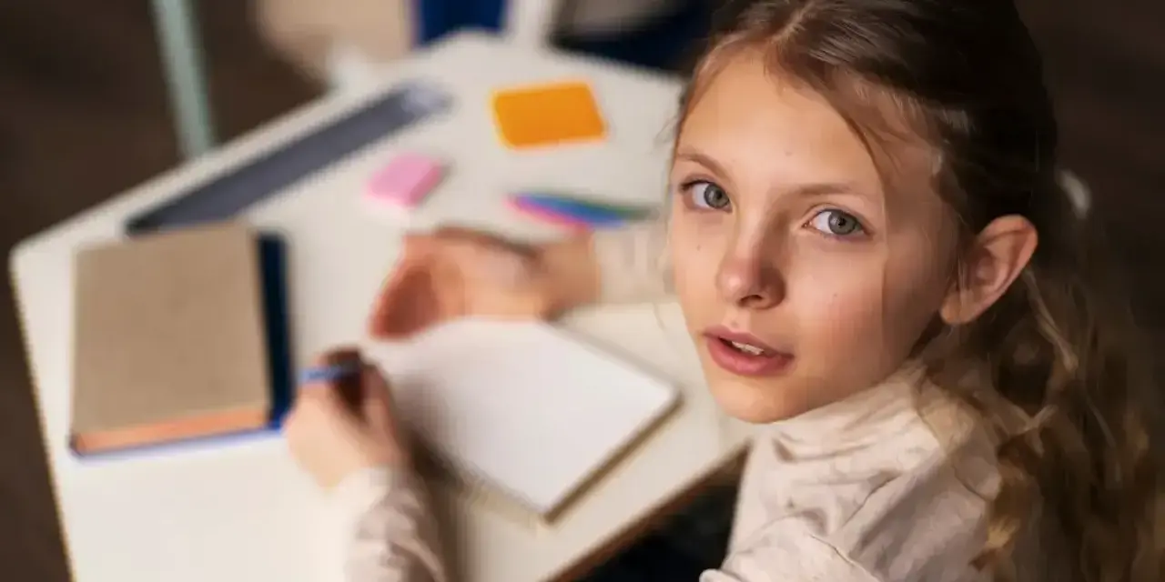 Dziewczynka zmagająca się z dysleksją rozwojową próbuje pisać w zeszycie, patrząc z nadzieją na pomoc.