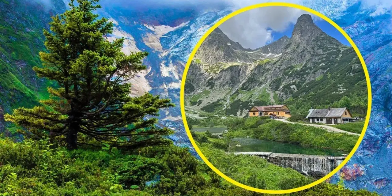 Malownicze jezioro w dolinie Rybiego Potoku, otoczone zielenią i górami, z chatkami turystycznymi.