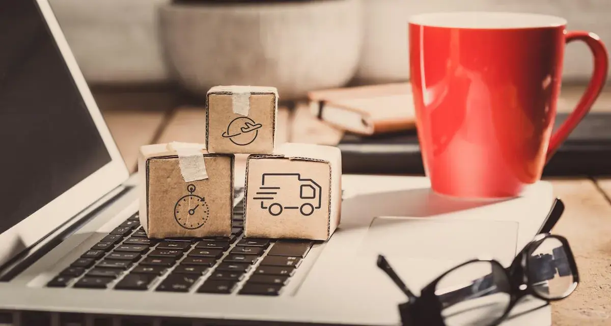 Miniaturki paczek z ikonami transportu na klawiaturze laptopa. Zastanawiasz się, ile zarabia spedytor?