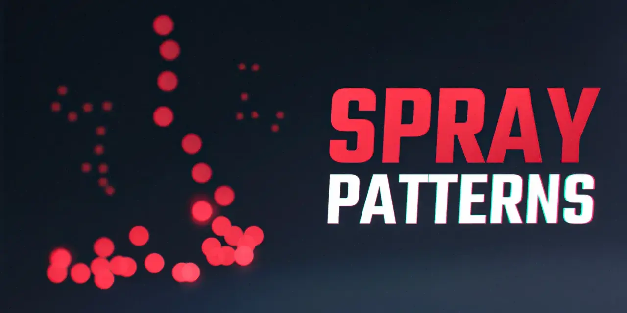 Czerwone kropki tworzą wzory, jakby po strzałach z AK-47. Napis "SPRAY PATTERNS" sugeruje analizę rozrzutu.