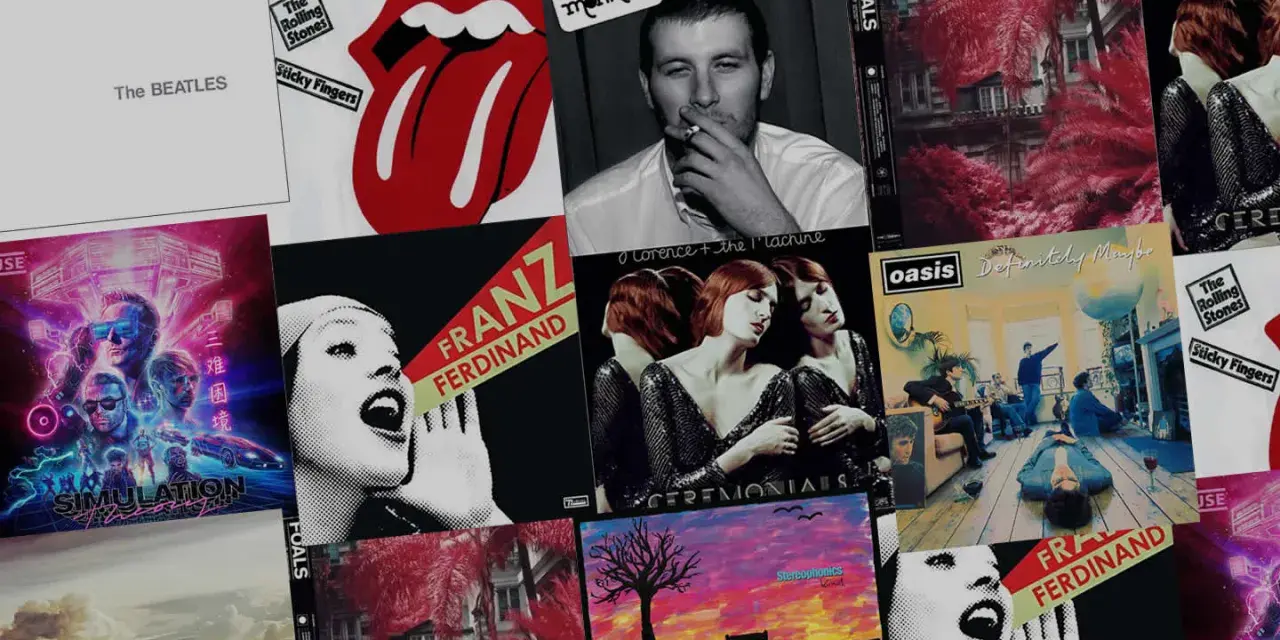 Collage d'albums de groupes de rock anglais actuels : The Beatles, Arctic Monkeys, Franz Ferdinand, Oasis, Florence + The Machine, The Rolling Stones, Foals, The Verve, Stereophonics.