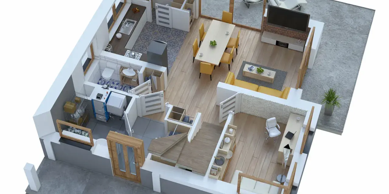 Wizualizacja projektu domu 70m2: kuchnia, łazienka, salon z jadalnią, gabinet i taras.