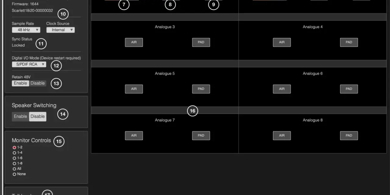 Interfejs Focusrite Control z ustawieniami dla Scarlett 18i20. Widoczne przyciski LINE, INST, AIR i PAD dla wejść analogowych.