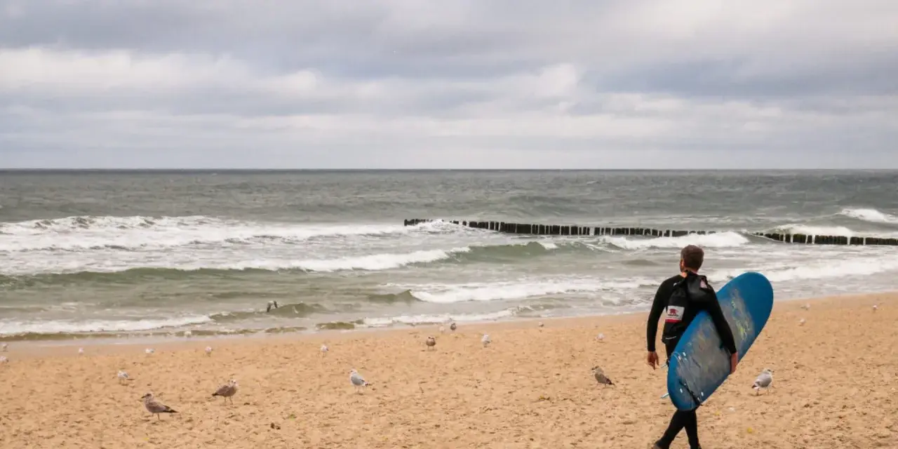 Surfer idzie plażą w Juracie, szukając fal. To jedna z wielu atrakcji tego miejsca.