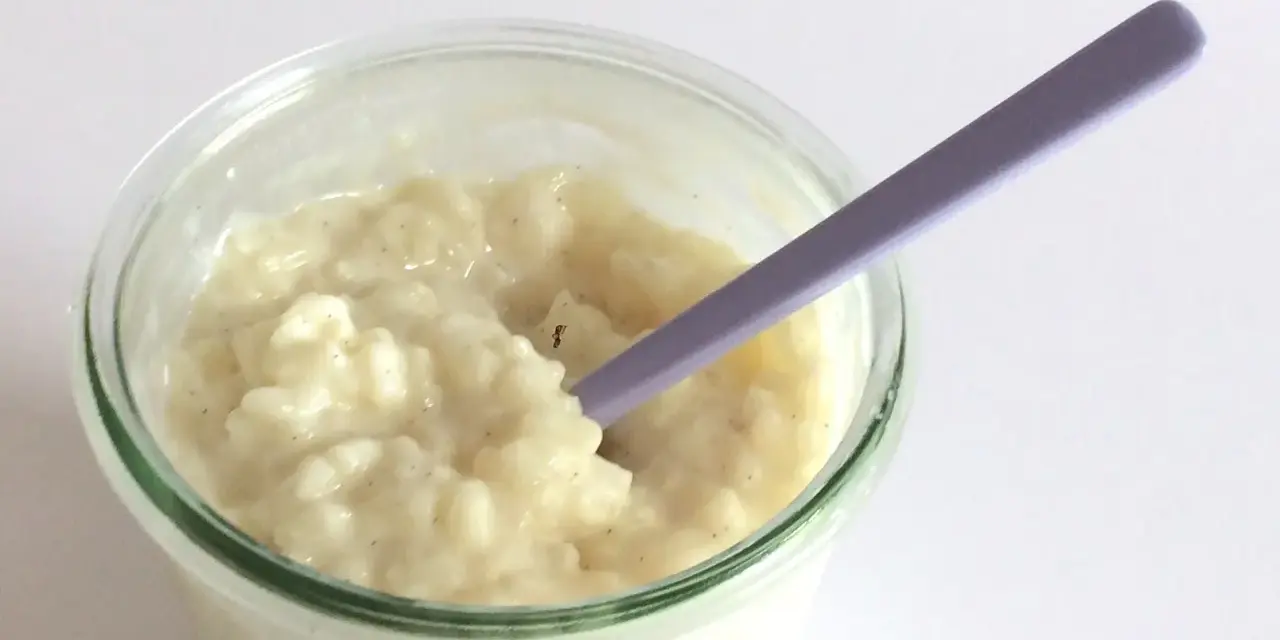 Budino cremoso, profumato alla vaniglia, come quello della ricetta della nonna, pronto per essere gustato con un cucchiaino viola.