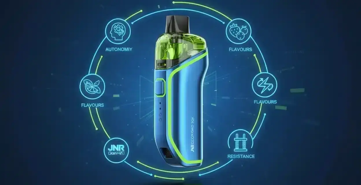 Vape azul y verde con iconos de sabores, autonomía y resistencia. Un dispositivo para disfrutar de tu squonk favorito.