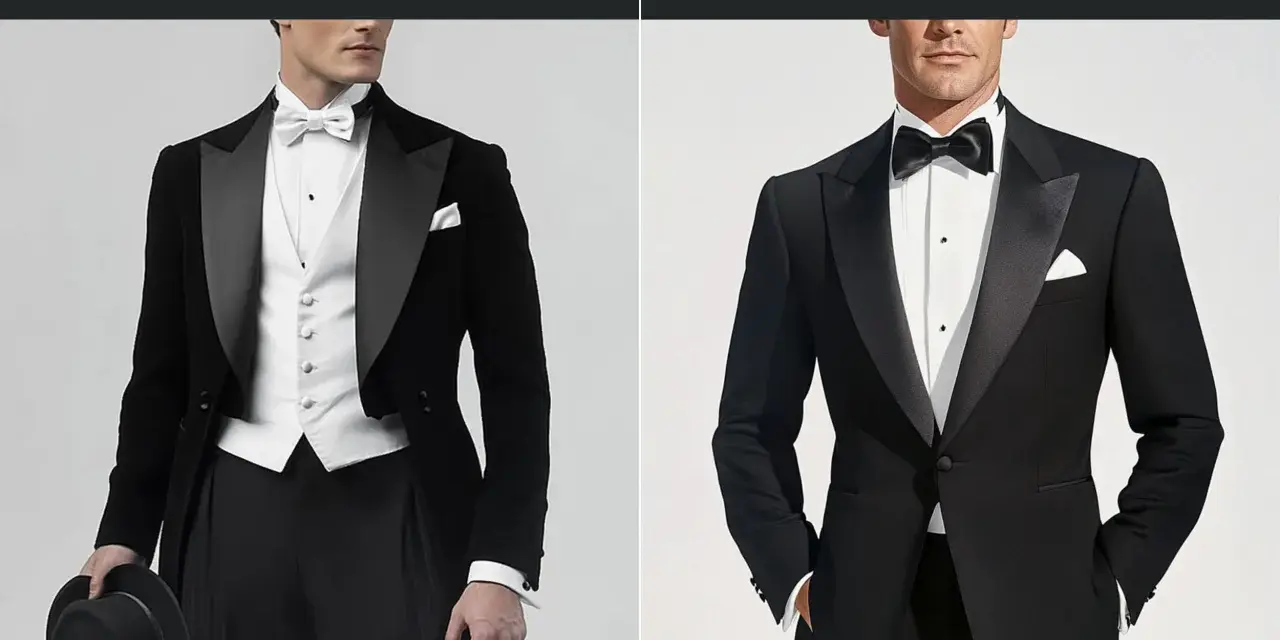 Uomo con smoking nero e papillon nero, pronto per un evento formale.