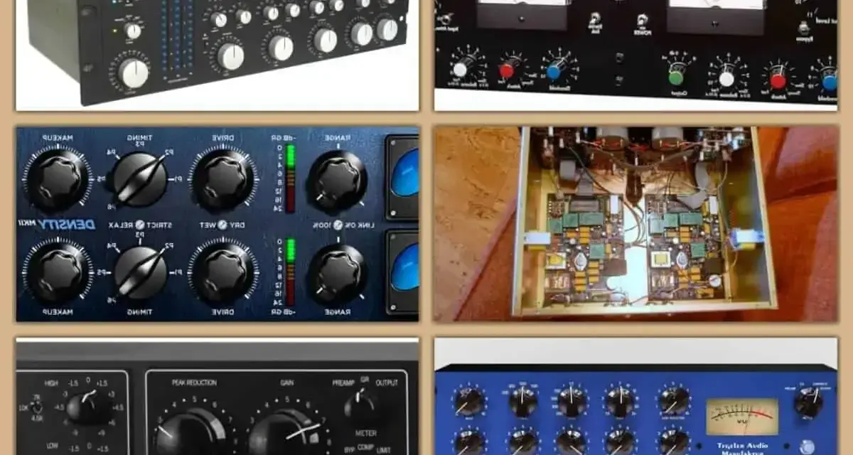 Różne urządzenia audio, w tym multiband compressor, z gałkami i wskaźnikami.