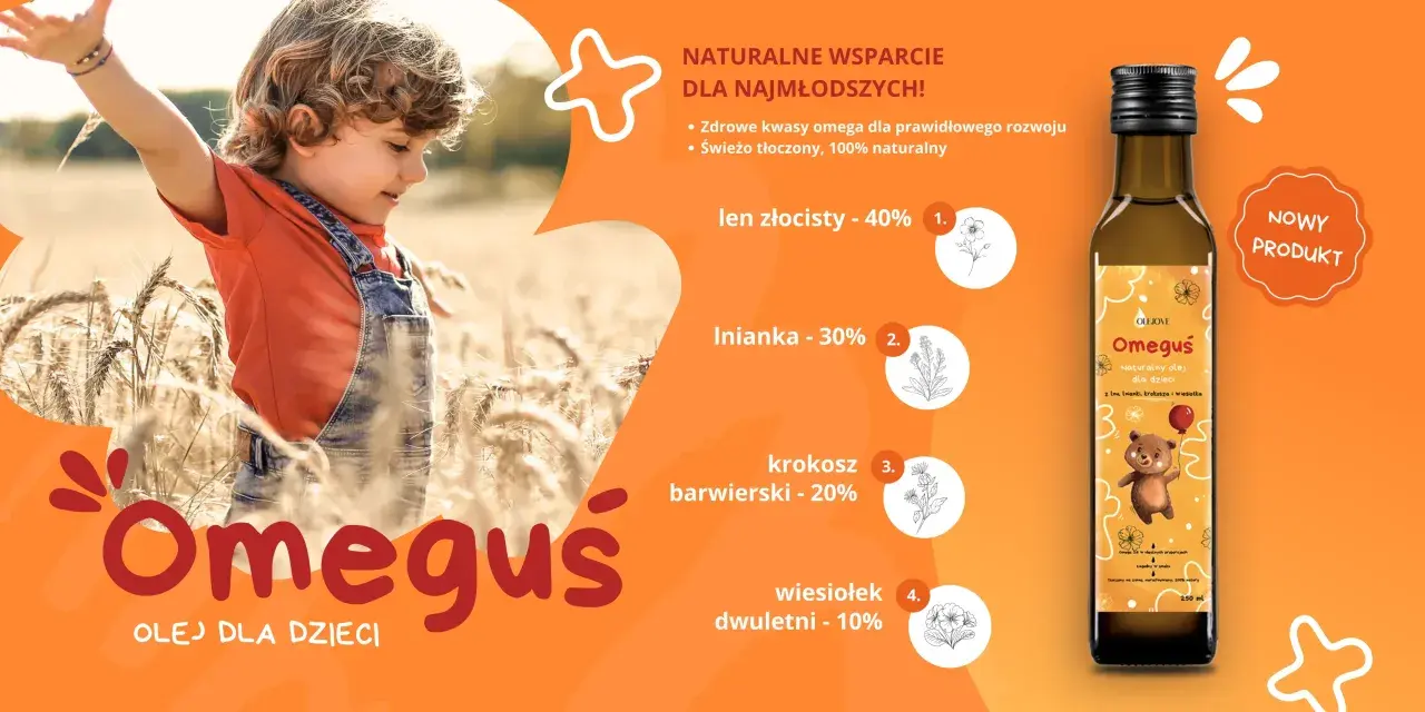 Szukasz idealnego **jaki olej dla niemowlaka**? Omegus to naturalny olej dla dzieci z lnu, inianki, krokosza i wiesiołka, wspierający rozwój.