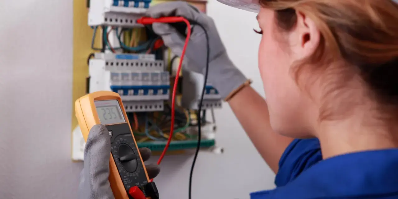 Kobieta w białym kasku i niebieskim kombinezonie wykonuje przegląd instalacji elektrycznej, używając multimetru do pomiaru napięcia.