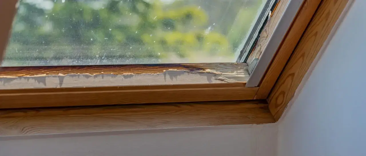 Damaged wooden frame of a skylight showing signs of water damage, indicating a need for skylight leak repair.