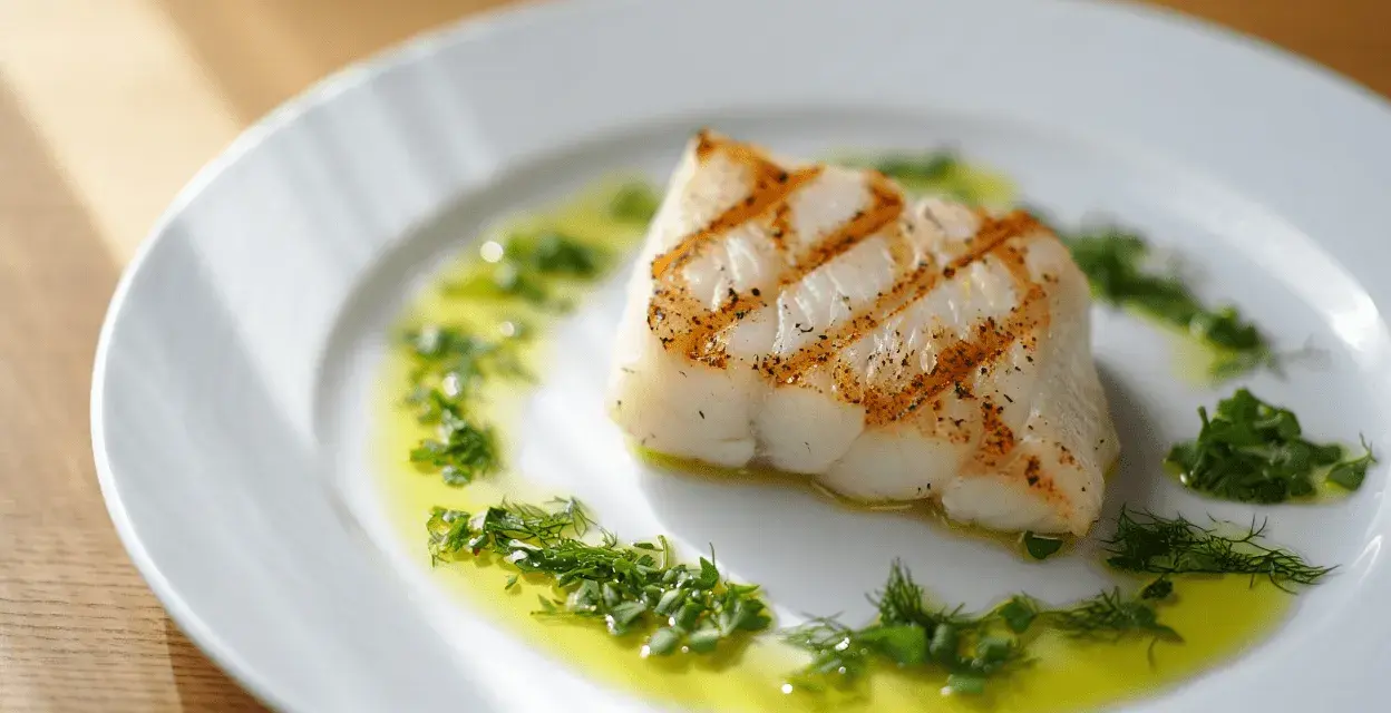 Un delicioso bacalao a la plancha, con marcas doradas y servido sobre un plato blanco con aceite de oliva y hierbas frescas picadas.