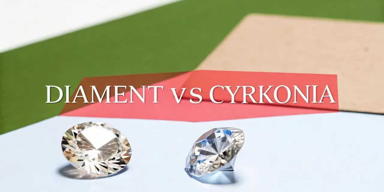 Dwa błyszczące kamienie, jeden jaśniejszy, drugi z niebieskimi refleksami, obok napisu "DIAMENT VS CYRKONIA". Jak odróżnić diament od cyrkonii?