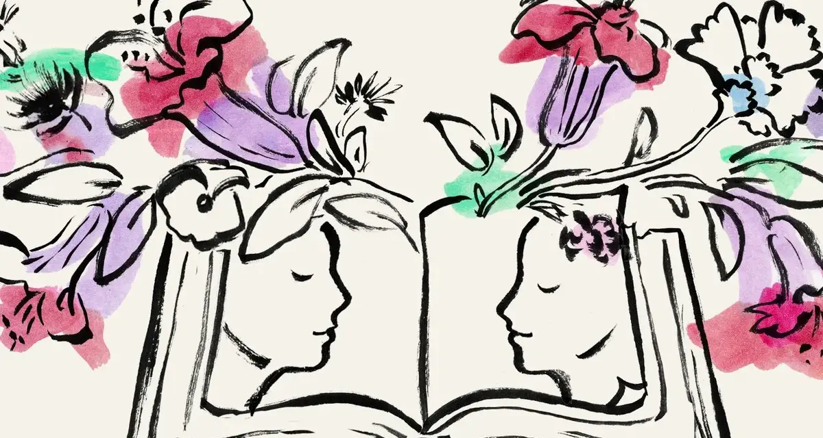 Ilustracja przedstawia otwartą książkę, z której wyrastają kwiaty. Po bokach książki widnieją profile dwóch osób.