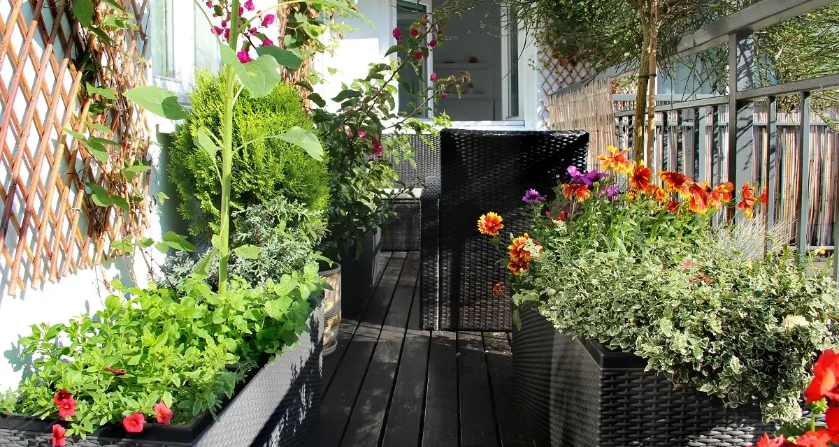 Un vibrante huerto urbano en un balcón, con girasoles, flores coloridas y plantas verdes en macetas.