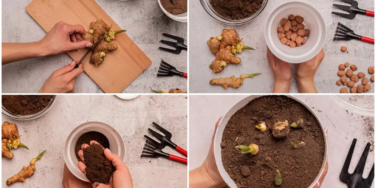 Pasos para plantar jengibre: cortar trozos, añadir arcilla expandida y tierra, y colocar los rizomas en la maceta para que germinen.
