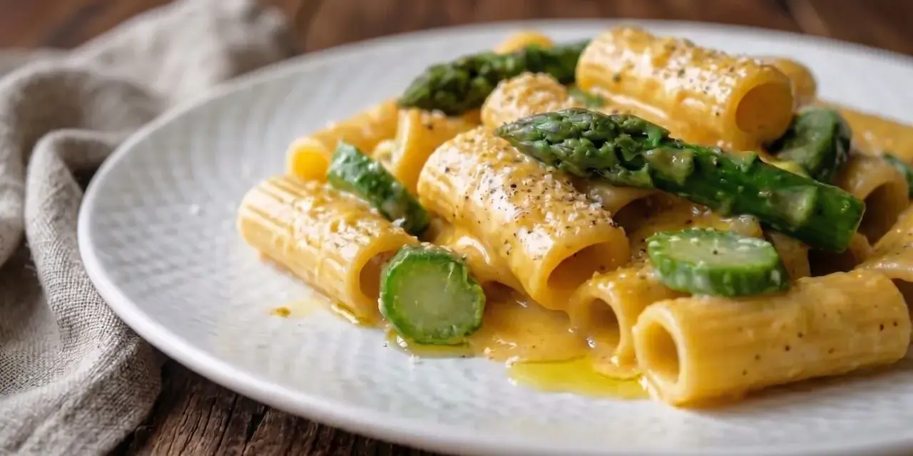 Rigatoni cremosi con asparagi freschi, un'interpretazione primaverile della carbonara di asparagi.